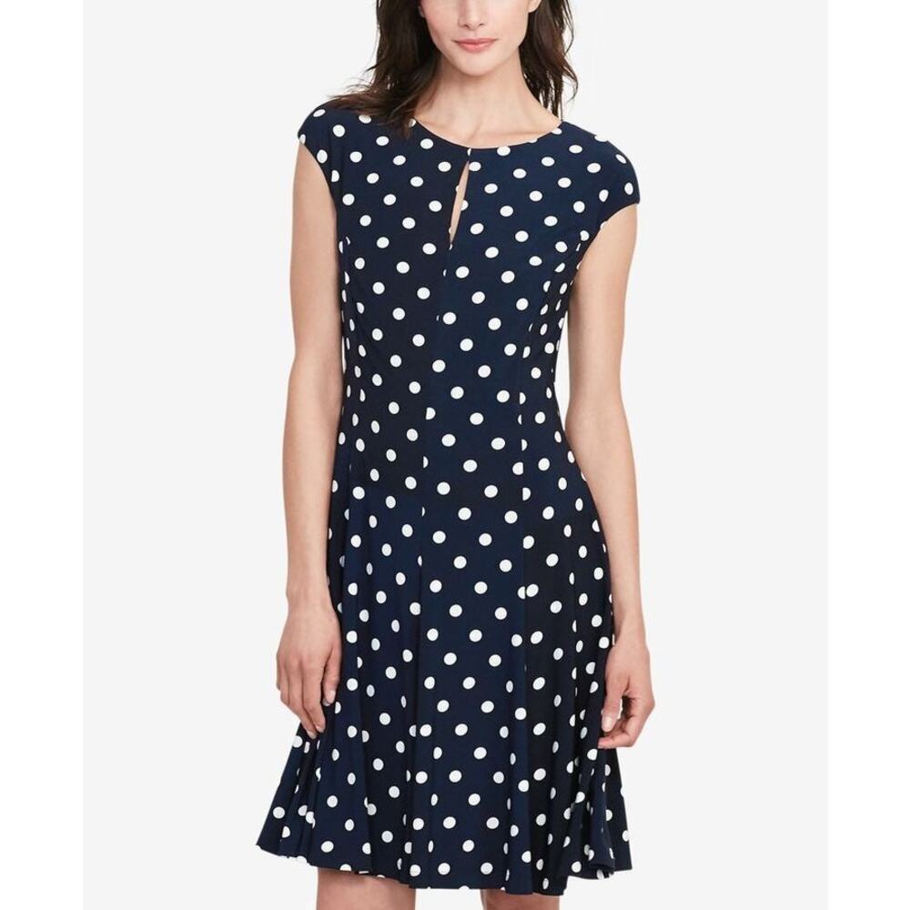 Lauren by Ralph Lauren career casual Polka Dot Jersey Dress 14, Lighthouse Navy